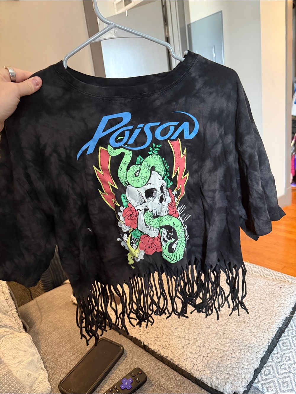 Target Black Tie-Dye Fringe Crop Tee with Poison Skull Graphic